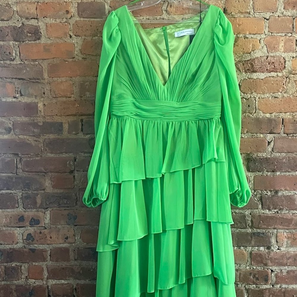 NWT Size 12 Neon Green Mac Duggal Ruffle Tiered Long Sleeve Dress